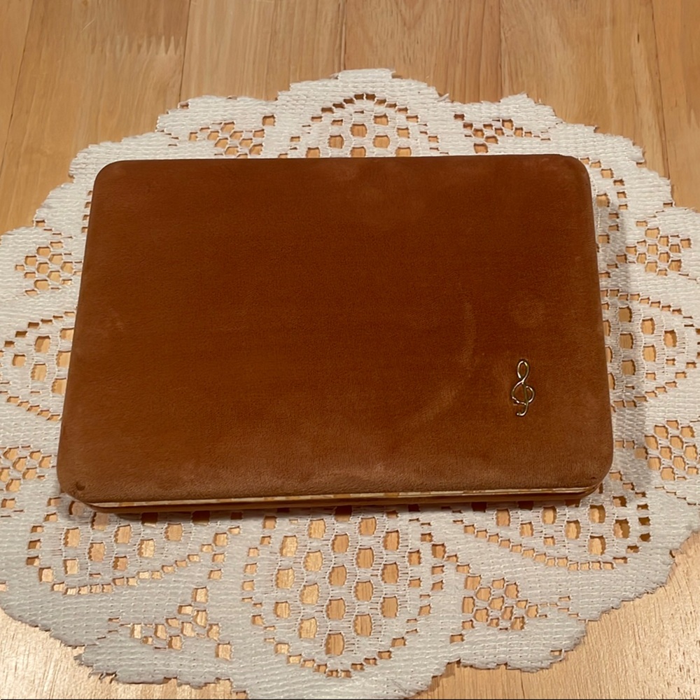 Vintage Sankyo Terracotta G-Clef Hard Clamshell Music Velvet Jewelry Box